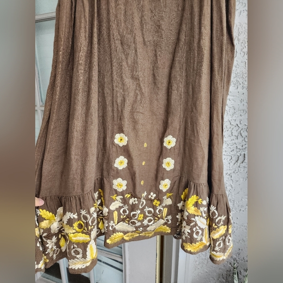 Anthropologie Lithe Linen Brown Floral Embroidered Dress - Picture 6 of 9